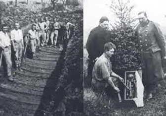 A composite black and white image. The left half is a black and white photograph, showing workers digging up graves from the WWI Braunau (today Broumov, Czechia) concentration camp in WWI. The right half is a black and white photograph showing how the exhumed bones were stored in boxes that were laid to rest in an ossuary.