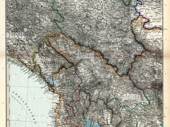 19th century copper gravure map, showing Serbia, Montenegro and parts of Austria-Hungary and the Ottoman Empire.