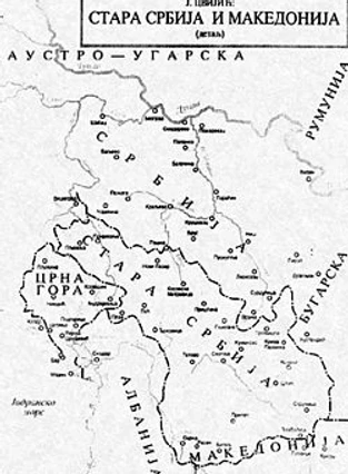 An early 20th century map showing the extent of Serbia, Old Serbia and Macedonia and Montenegro before the First Balkan War in 1912.