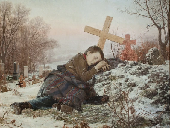 Orphan on Mother's Grave, a painting by Uroš Predić from 1888.