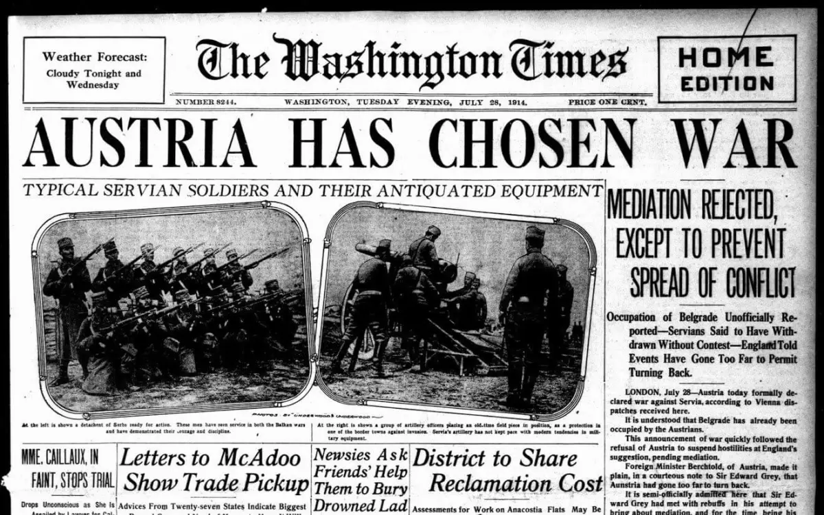 Front page of the Washington Post on Jul 28, 1914, stating that Austria-Hungary chose to start WWI